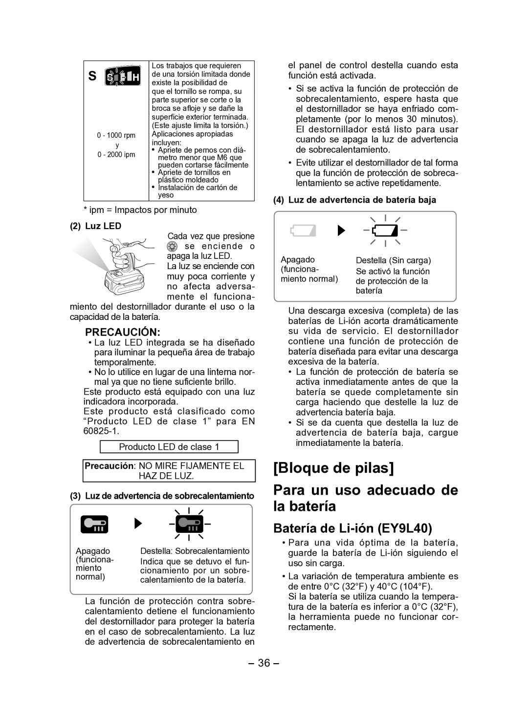 Panasonic EY7541 Bloque de pilas Para un uso adecuado de la batería, Batería de Li-ión EY9L40, Luz LED 