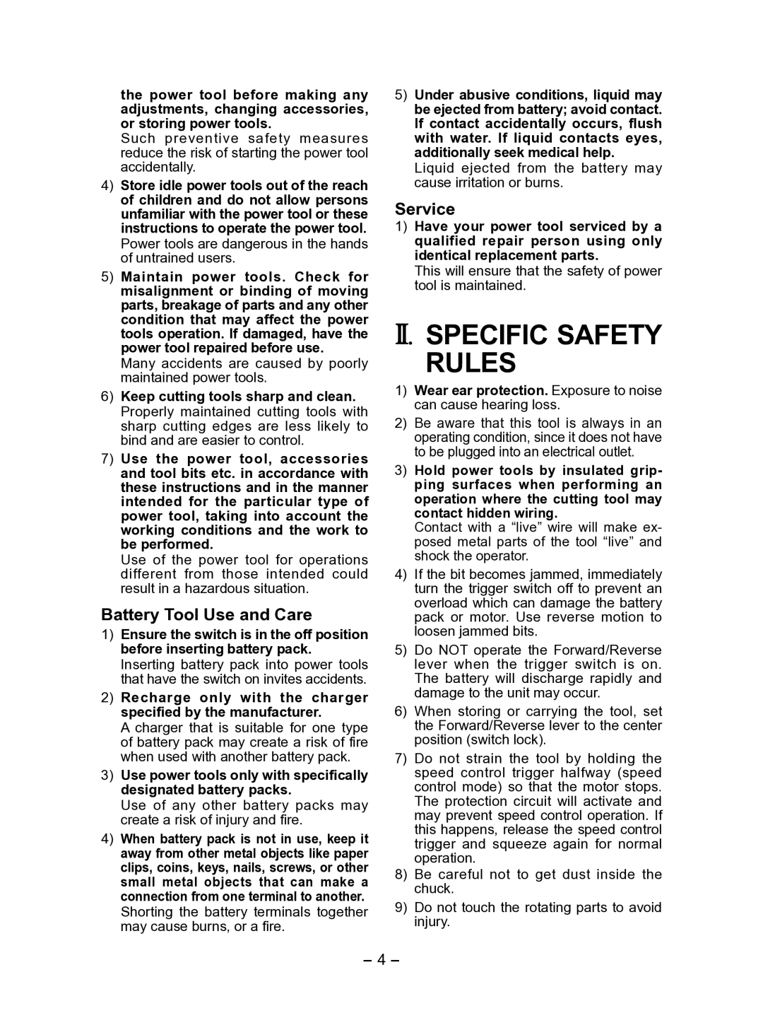 Panasonic EY7541 operating instructions II. Specific Safety Rules, Battery Tool Use and Care, Service 