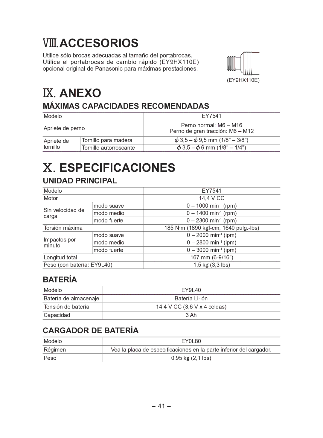 Panasonic EY7541 operating instructions Viii.Accesorios, IX. Anexo, Especificaciones 