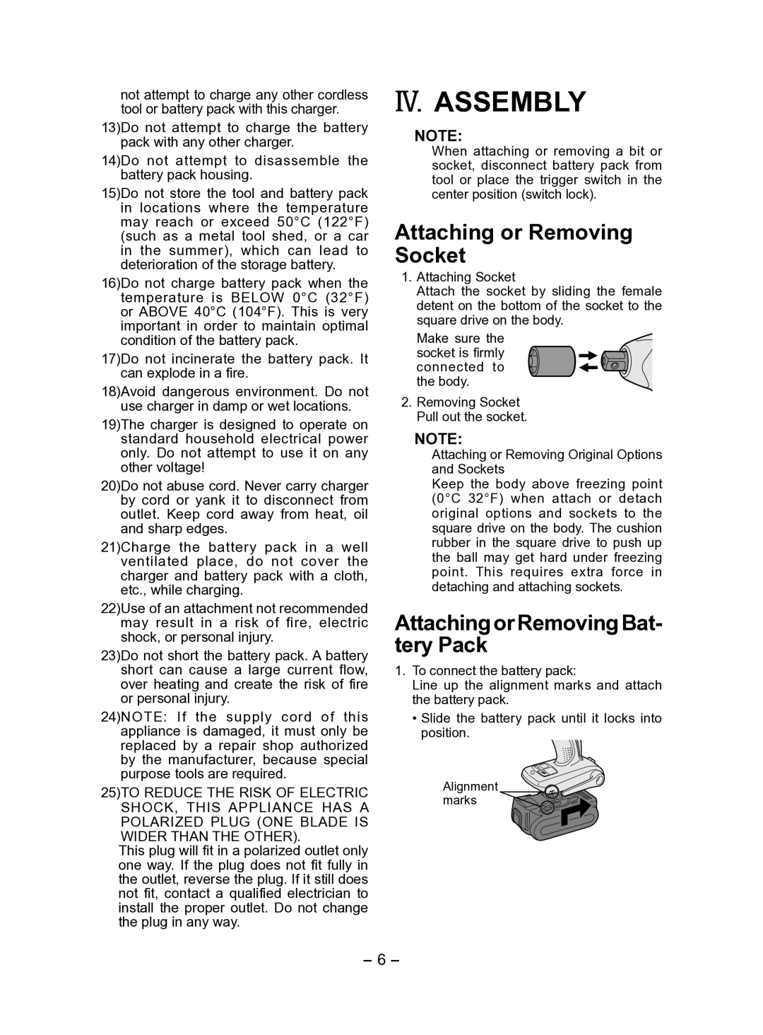 Panasonic EY7541 operating instructions IV. Assembly, Attaching or Removing Socket, Attaching or Removing Bat­ tery Pack 