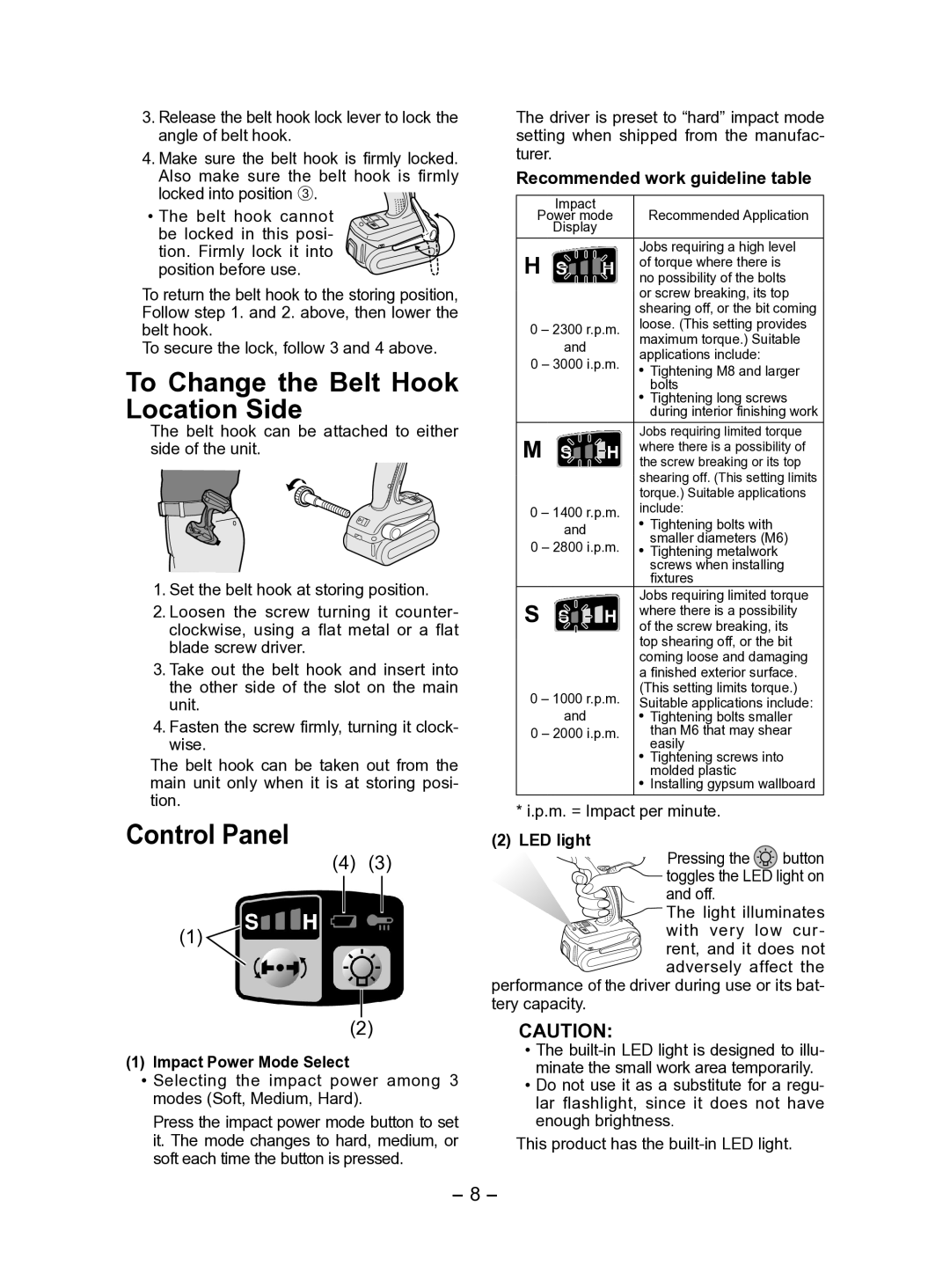 Panasonic EY7541 To Change the Belt Hook Location Side, Control Panel, Recommended work guideline table, LED light 