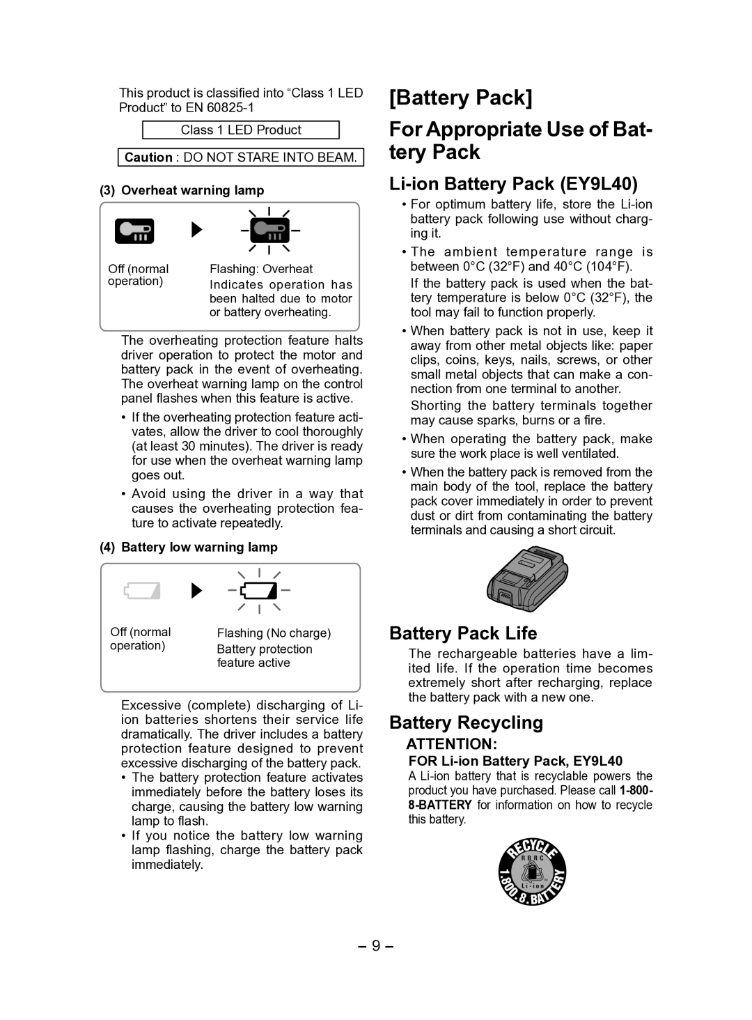 Panasonic EY7541 Battery Pack For Appropriate Use of Bat­ tery Pack, Li­ion Battery Pack EY9L40, Battery Pack Life 