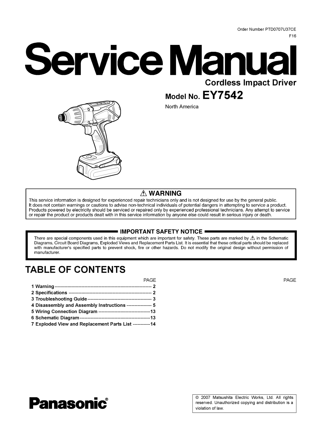 Panasonic EY7542 specifications Table of Contents 