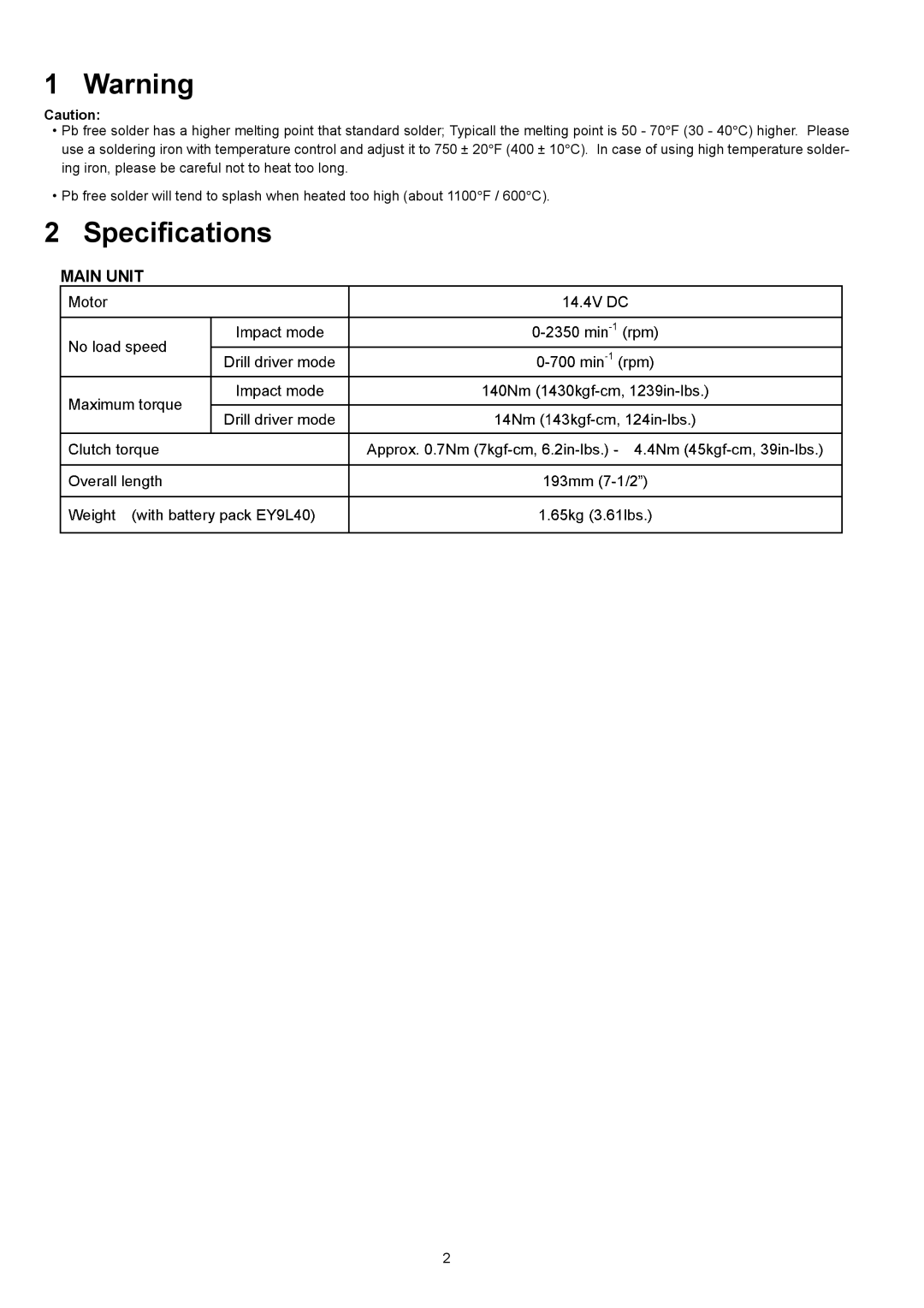 Panasonic EY7542 specifications Specifications 