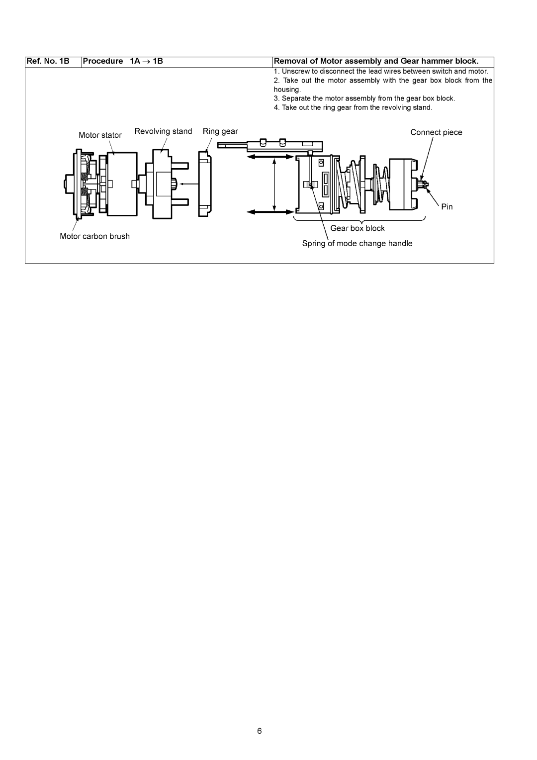 Panasonic EY7542 specifications Take out the motor assembly with the gear box block from 