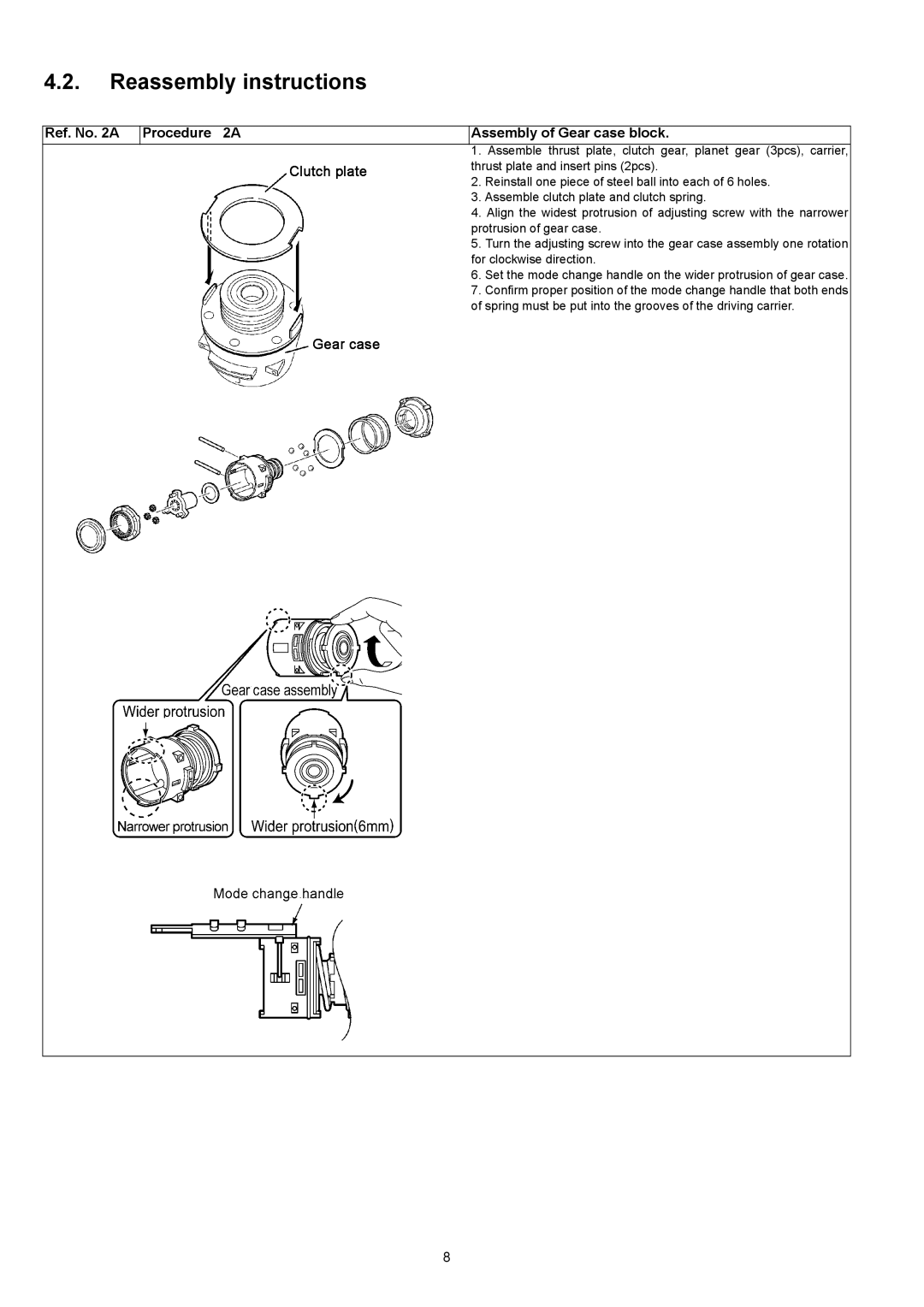 Panasonic EY7542 specifications Reassembly instructions, Ref. No a Procedure 2A Assembly of Gear case block 