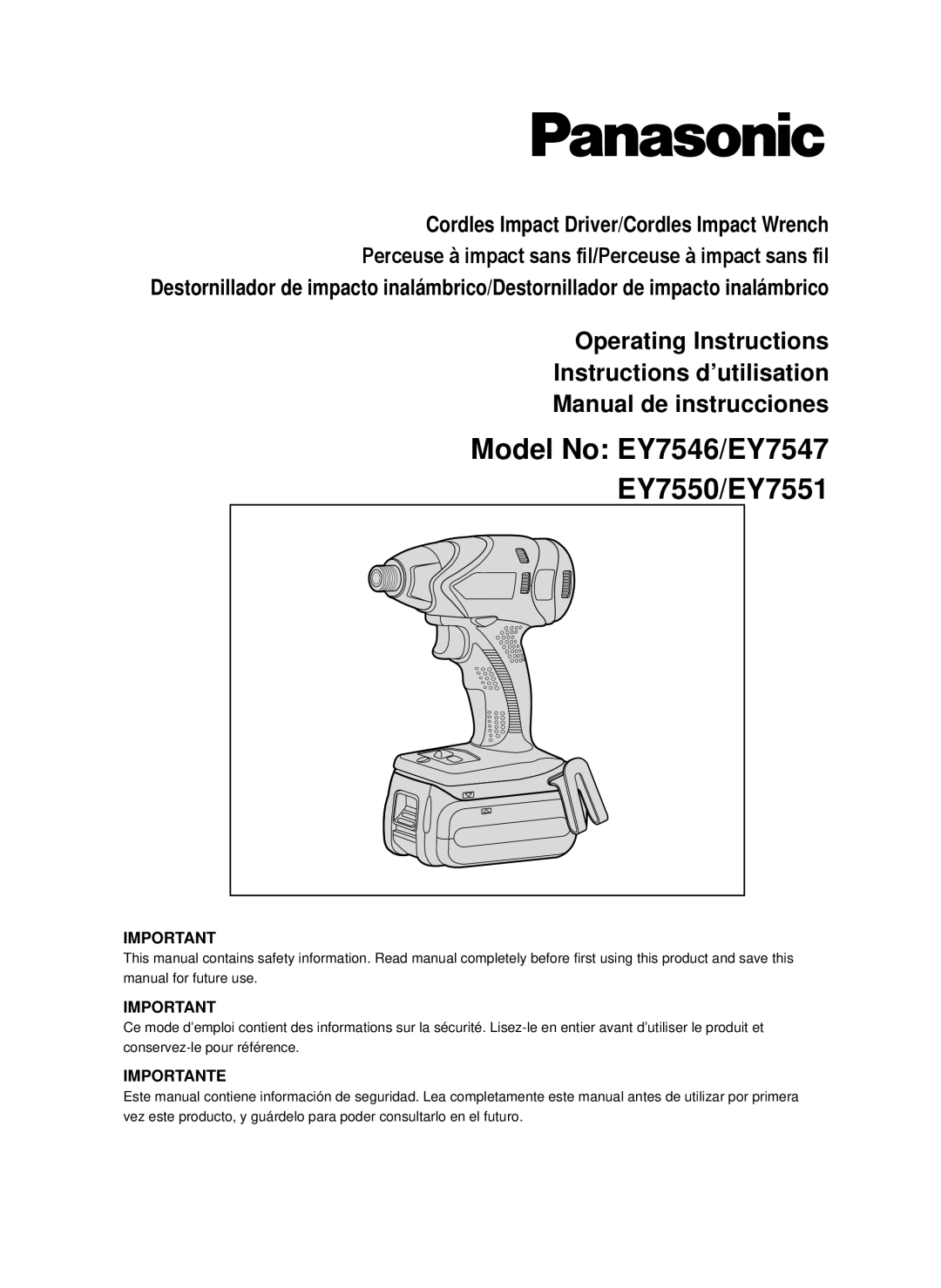 Panasonic operating instructions Model No EY7546/EY7547 EY7550/EY7551, Importante 