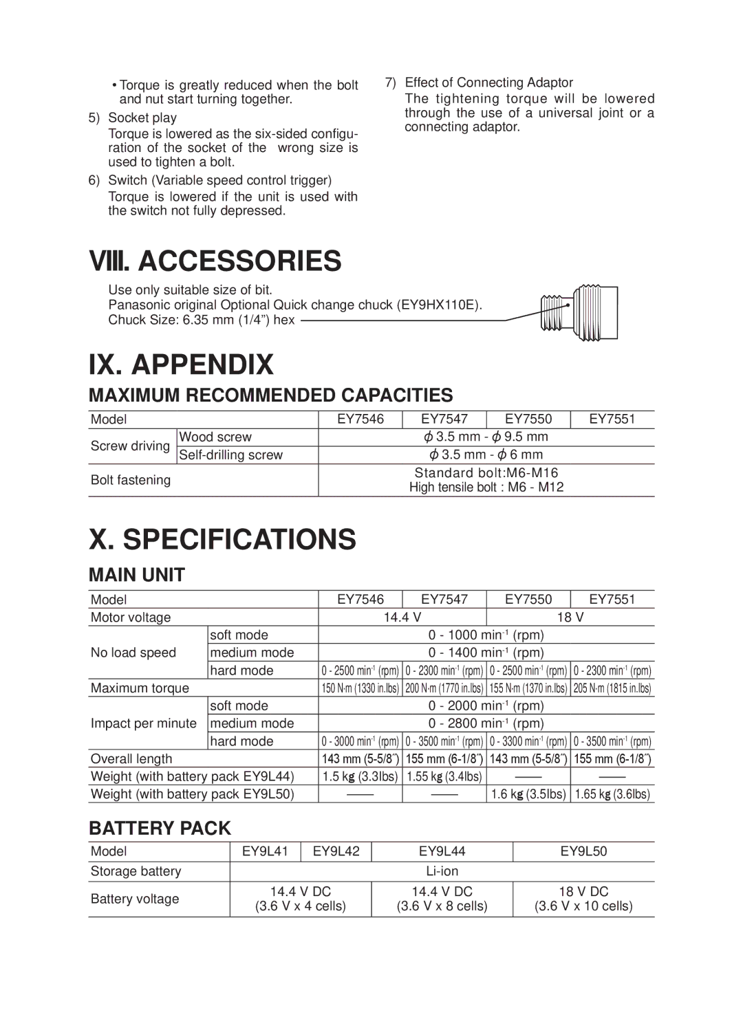 Panasonic EY7546 operating instructions VIII. Accessories, IX. Appendix, Specifications 