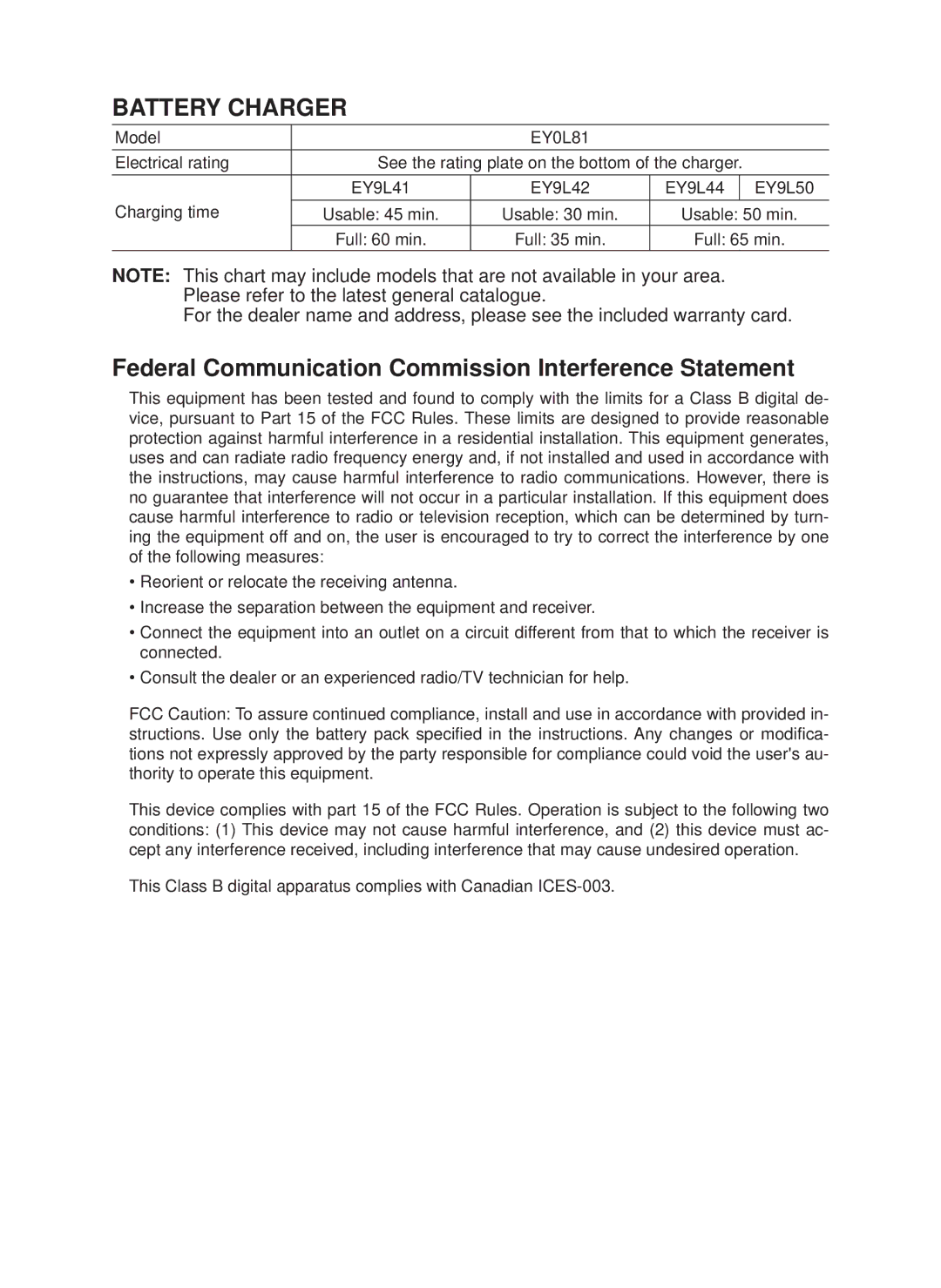 Panasonic EY7546 operating instructions Battery Charger, Federal Communication Commission Interference Statement 