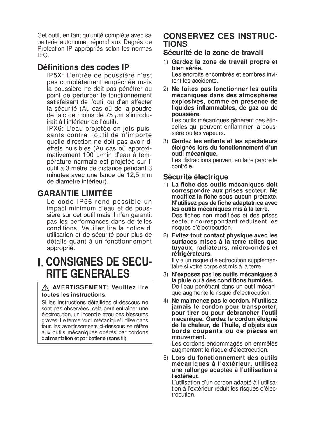 Panasonic EY7546 Définitions des codes IP, Garantie Limitée, Conservez CES INSTRUC­ Tions, Sécurité de la zone de travail 