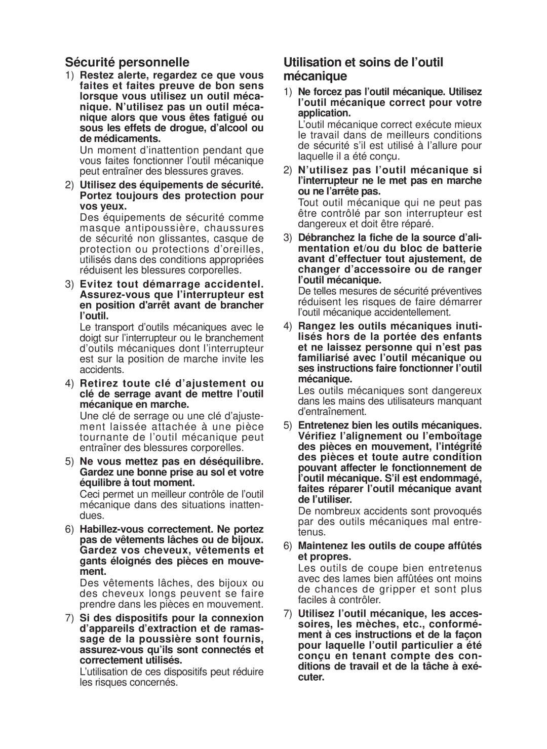 Panasonic EY7546 operating instructions Sécurité personnelle, Utilisation et soins de l’outil méca­nique 