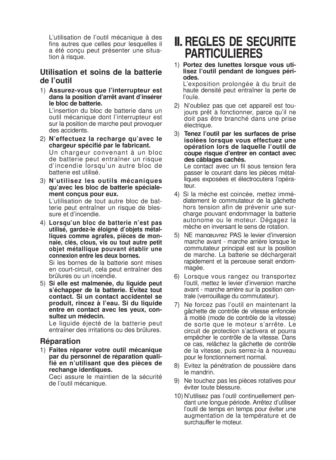 Panasonic EY7546 operating instructions Utilisation et soins de la batterie de l’outil, Réparation 