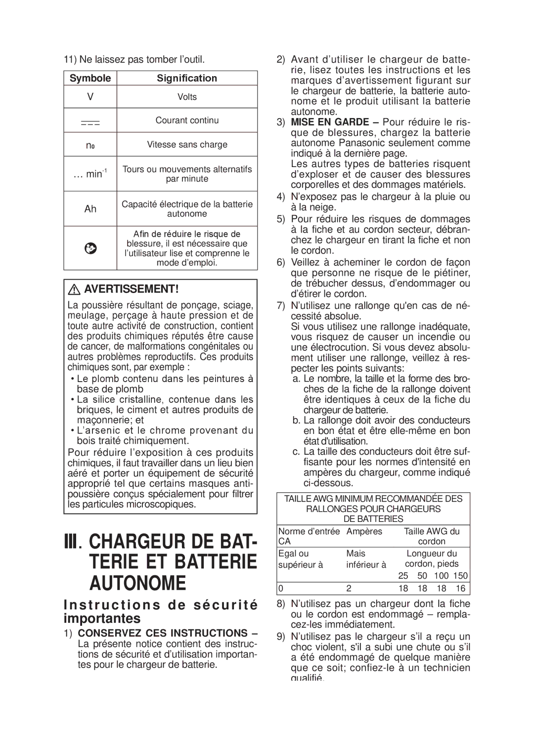 Panasonic EY7546 operating instructions Instructions de sécurité importantes­, Avertissement, Symbole Signification 