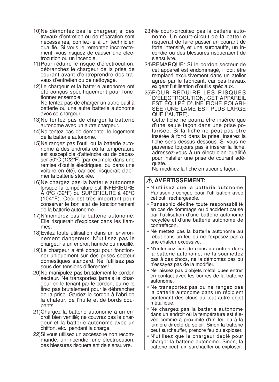 Panasonic EY7546 operating instructions Avertissement 