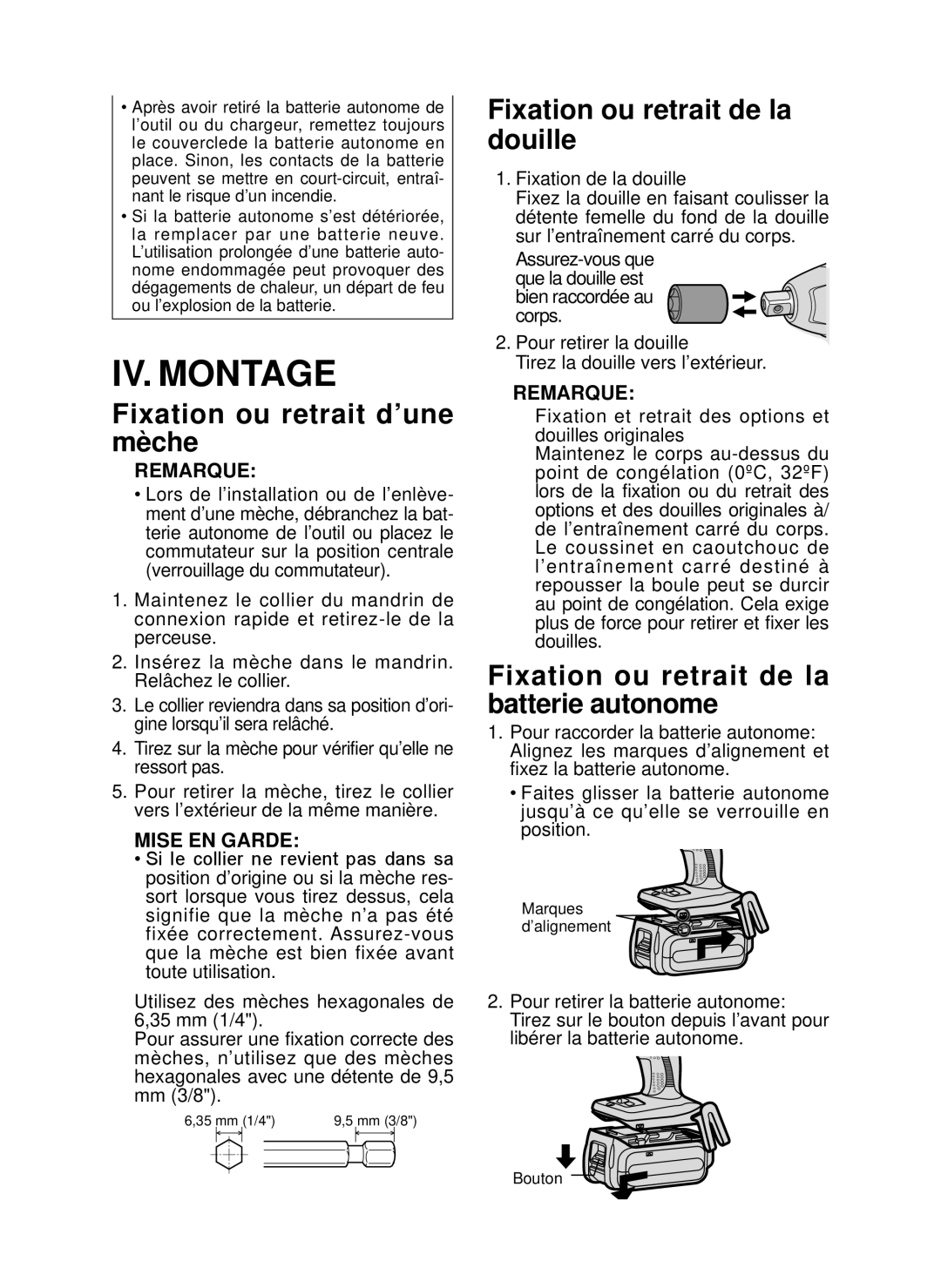 Panasonic EY7546 operating instructions IV. Montage, Fixation ou retrait d’une mèche, Fixation ou retrait de la douille 