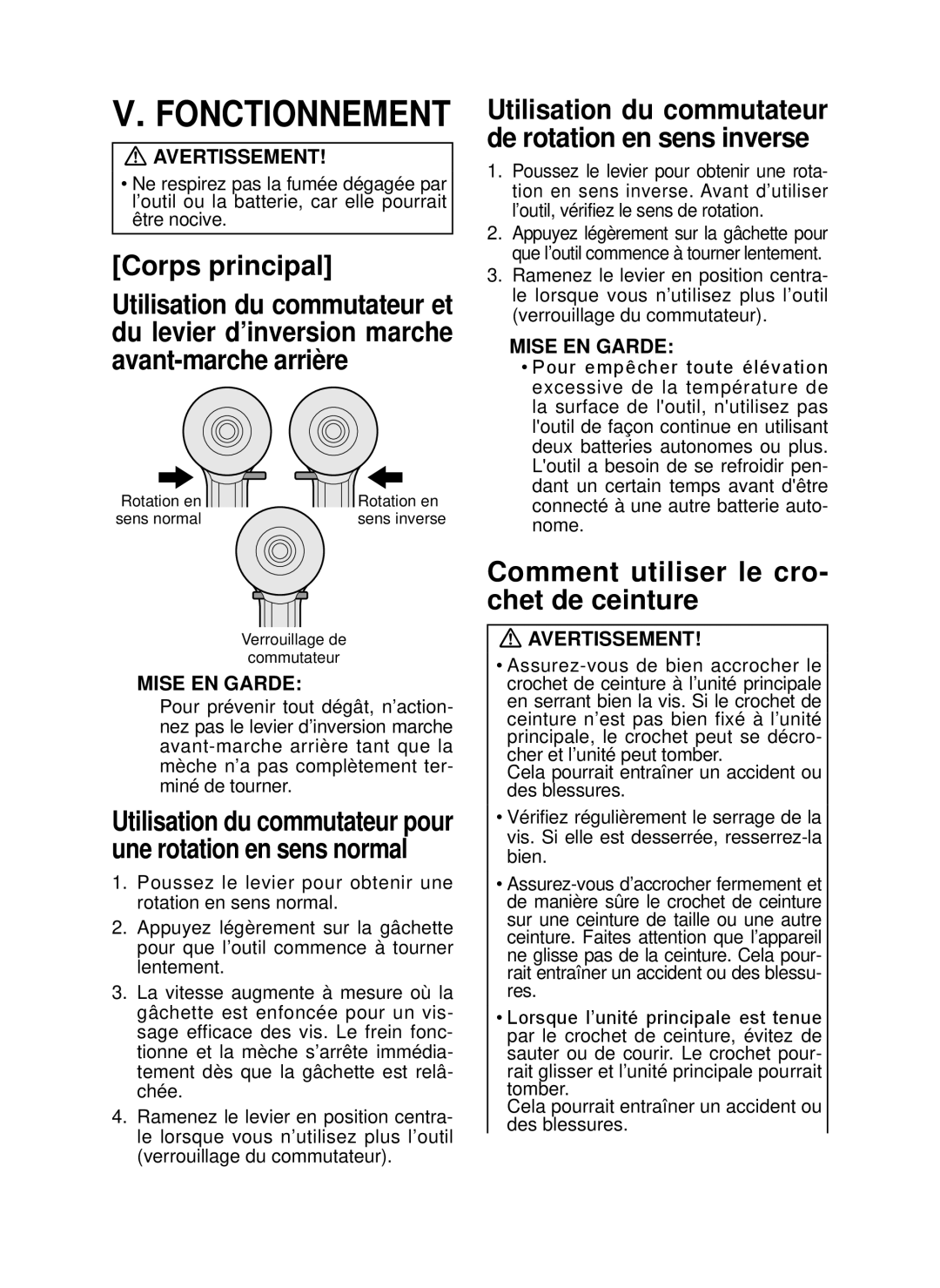 Panasonic EY7546 operating instructions Corps principal, Comment utiliser le cro­ chet de ceinture 