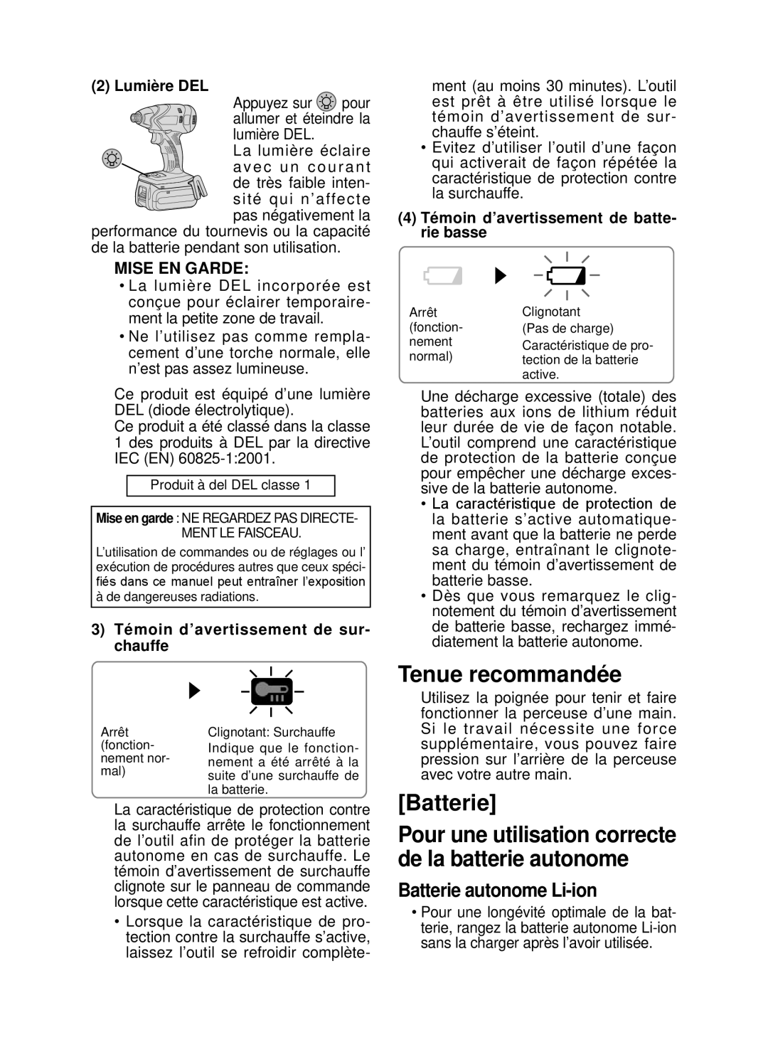 Panasonic EY7546 operating instructions Tenue recommandée, Batterie autonome Li-ion 