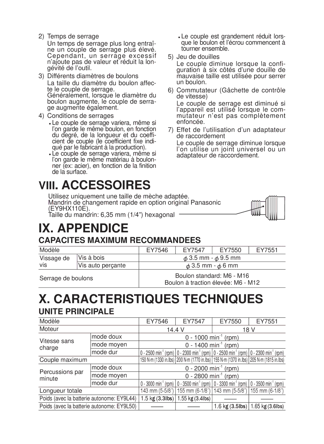 Panasonic EY7546 VIII. Accessoires, IX. Appendice, Caracteristiques Techniques, Capacites Maximum Recommandees 