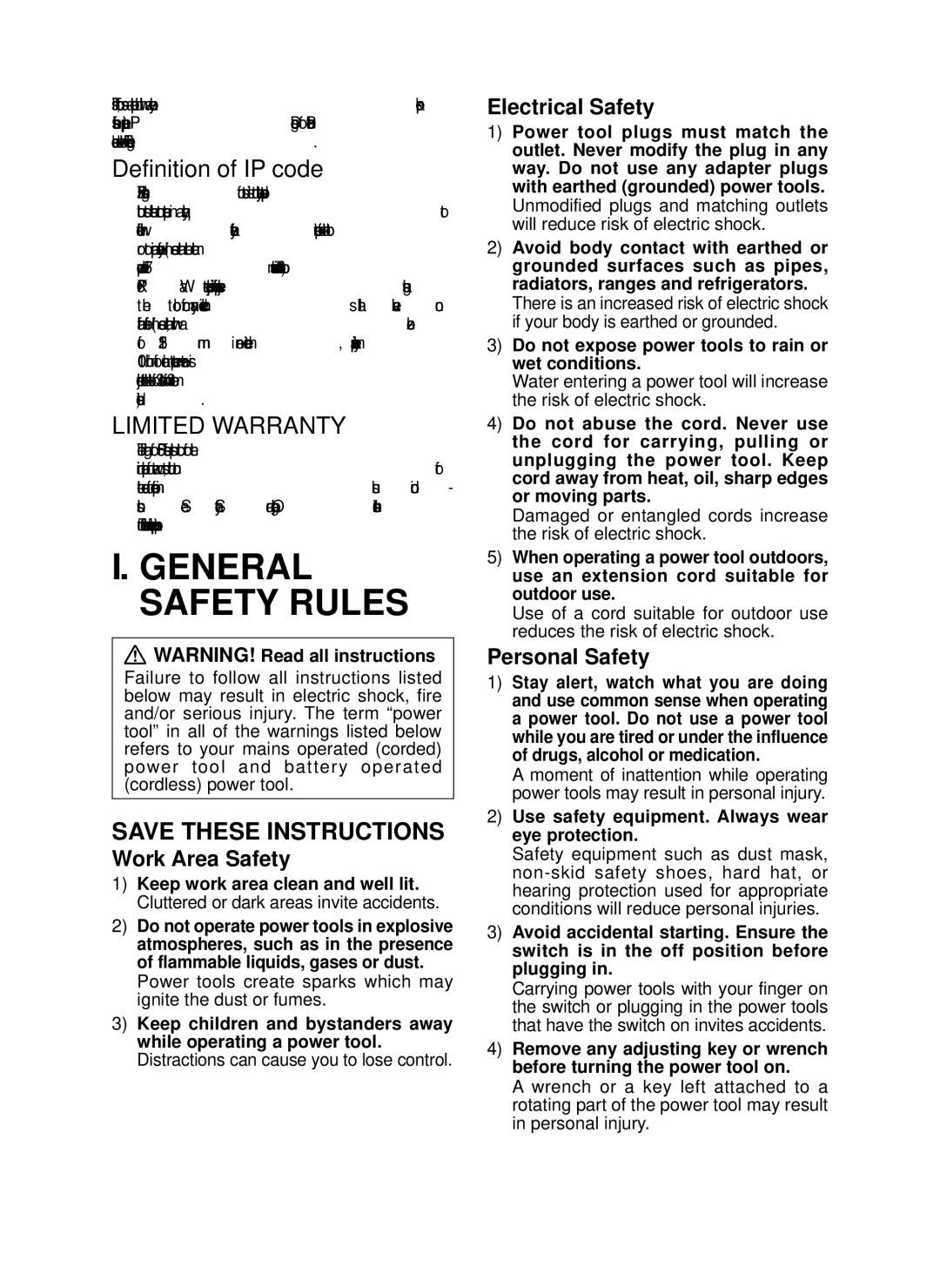 Panasonic EY7546 operating instructions General Safety Rules, Definition of IP code, Limited Warranty 