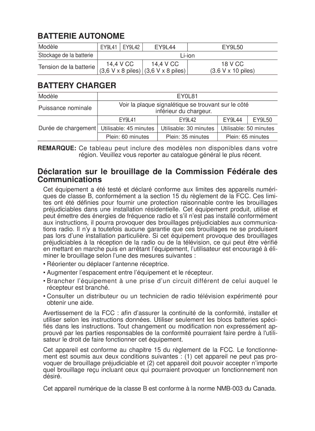 Panasonic EY7546 operating instructions Batterie Autonome, EY9L44 EY9L50 Durée de chargement 