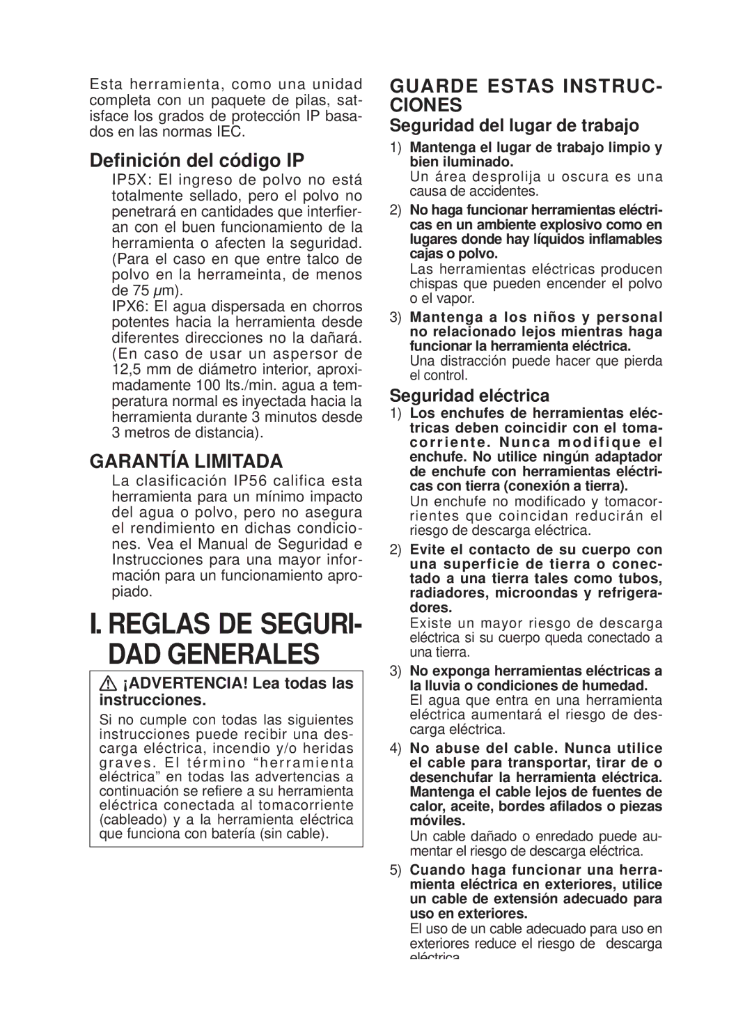 Panasonic EY7546 Definición del código IP, Garantía Limitada, Guarde Estas INSTRUC­ Ciones, Seguridad del lugar de trabajo 