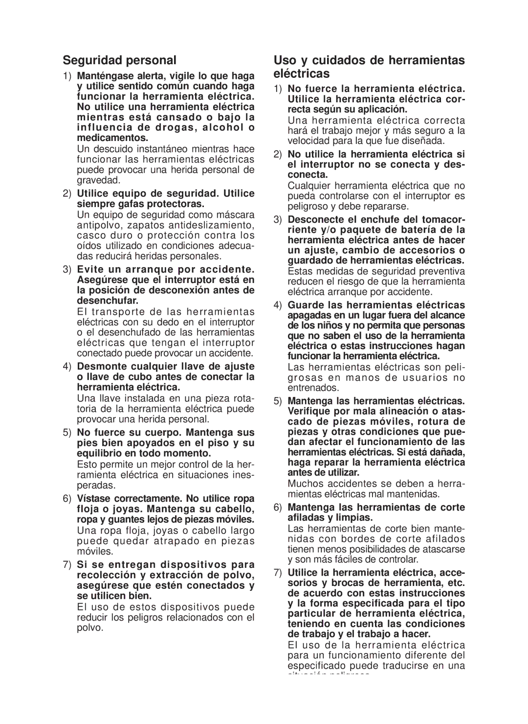 Panasonic EY7546 operating instructions Seguridad personal, Uso y cuidados de herramientas eléctricas 