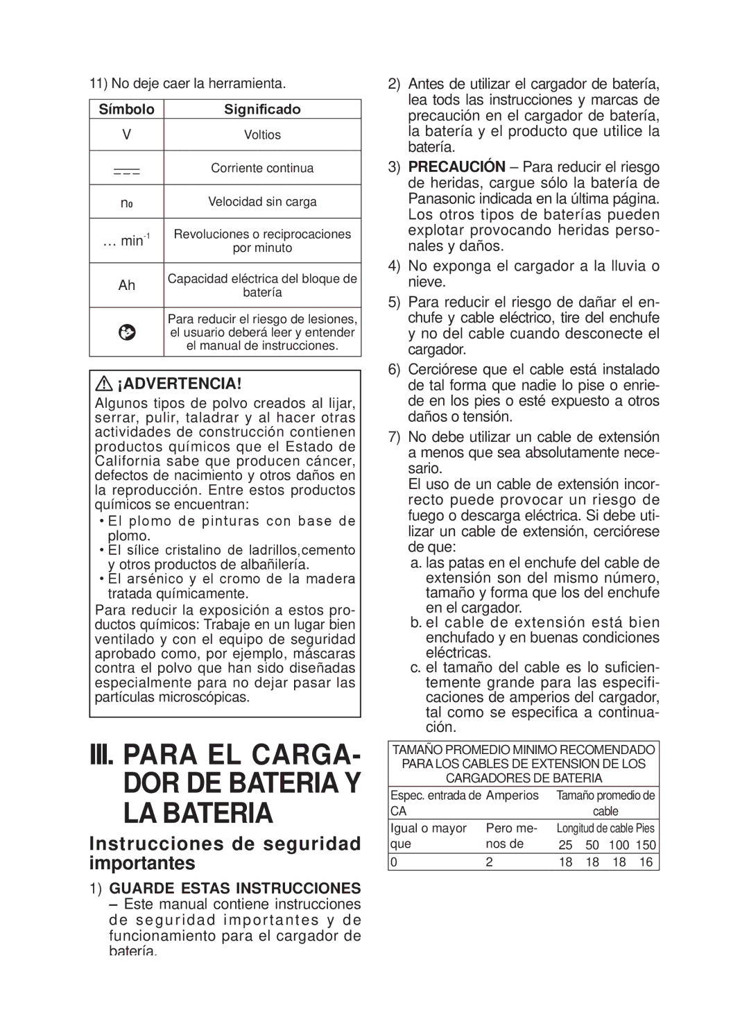 Panasonic EY7546 LA Bateria, Instrucciones de seguridad importantes­, ¡Advertencia, Guarde Estas Instrucciones 