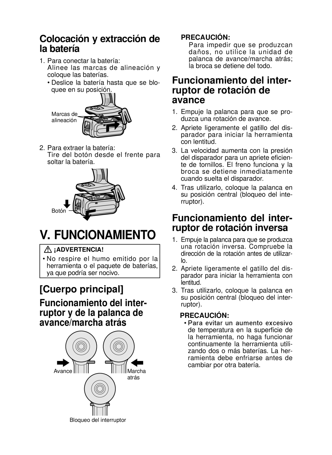 Panasonic EY7546 operating instructions Funcionamiento, Colocación y extracción de la batería, Cuerpo principal 