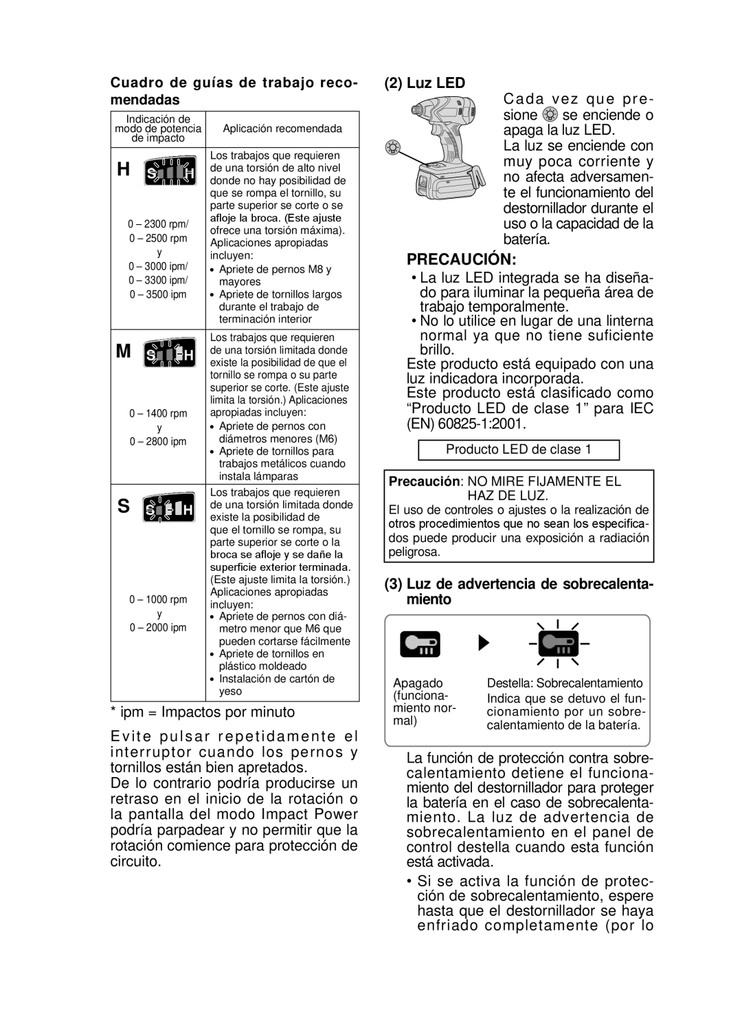 Panasonic EY7546 Luz LED, Luz de advertencia de sobrecalenta­ miento, Cuadro de guías de trabajo reco­ mendadas 