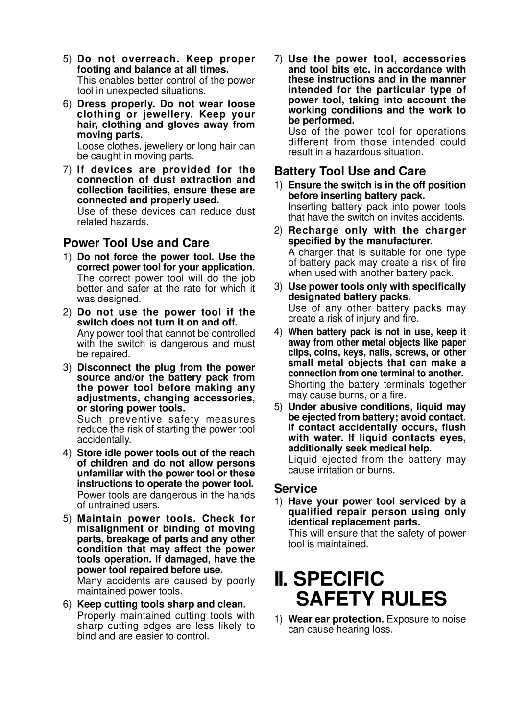 Panasonic EY7546 II. Specific Safety Rules, Power Tool Use and Care, Battery Tool Use and Care, Service 