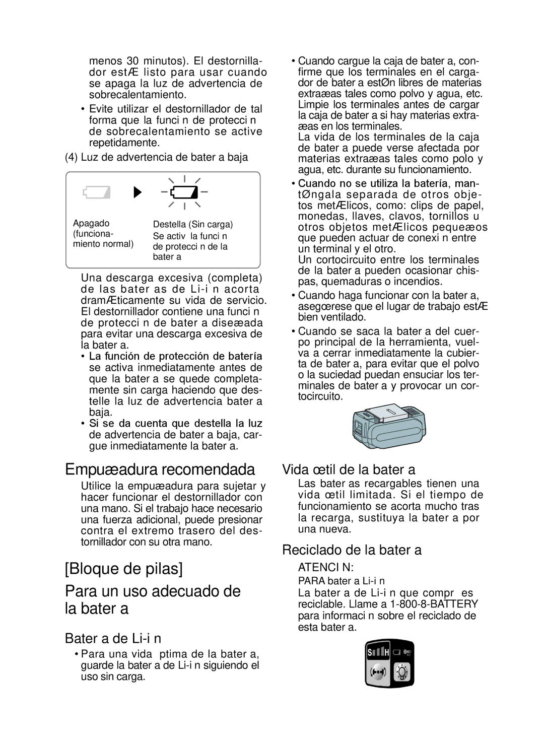 Panasonic EY7546 Empuñadura recomendada, Bloque de pilas Para un uso adecuado de la batería, Batería de Li­ión 