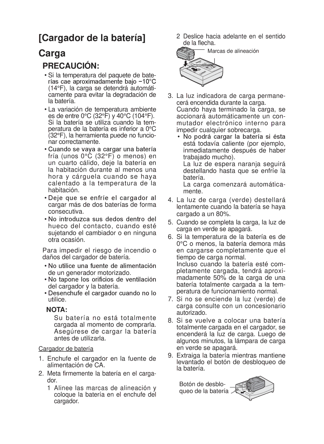 Panasonic EY7546 operating instructions Cargador de la batería Carga, Precaución 