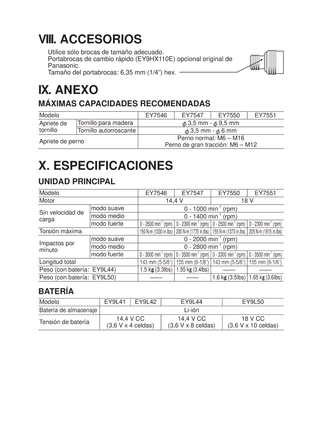 Panasonic EY7546 operating instructions VIII. Accesorios, IX. Anexo, Especificaciones 