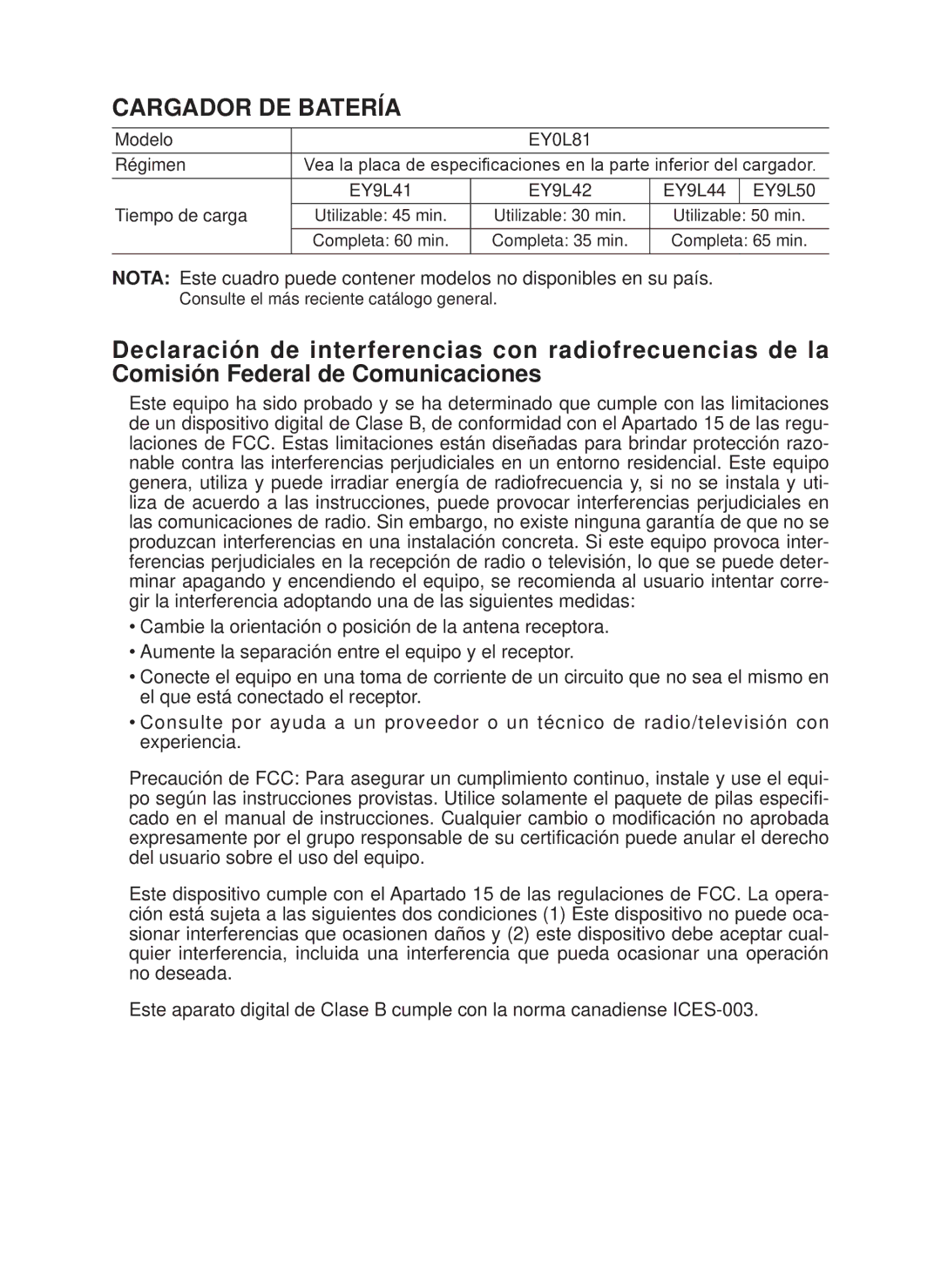 Panasonic EY7546 operating instructions Cargador DE Batería, EY9L44 EY9L50 Tiempo de carga 