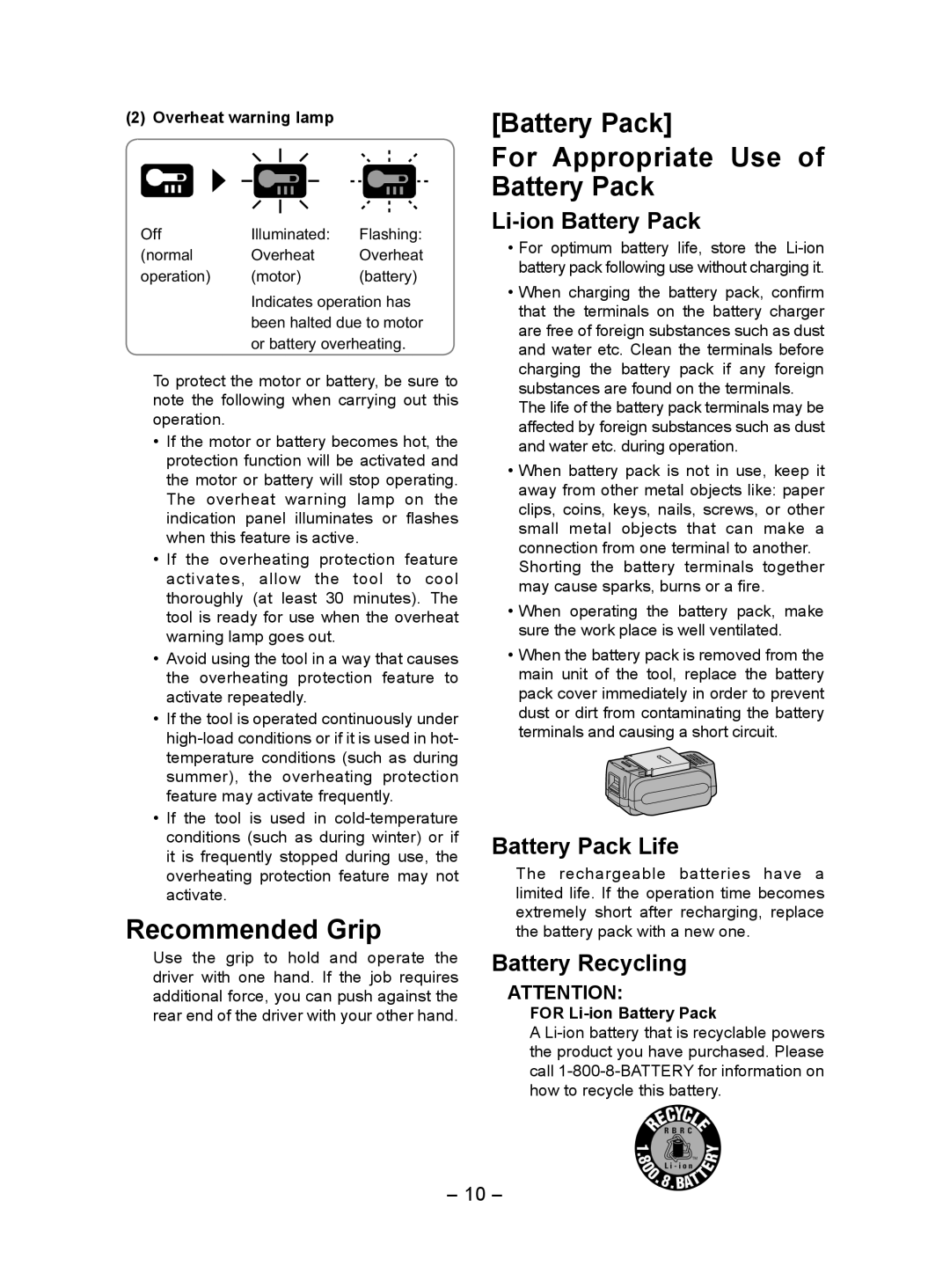 Panasonic EY7552 Recommended Grip, Battery Pack For Appropriate Use Battery­ Pack, Li-ion Battery Pack, Battery Pack Life 