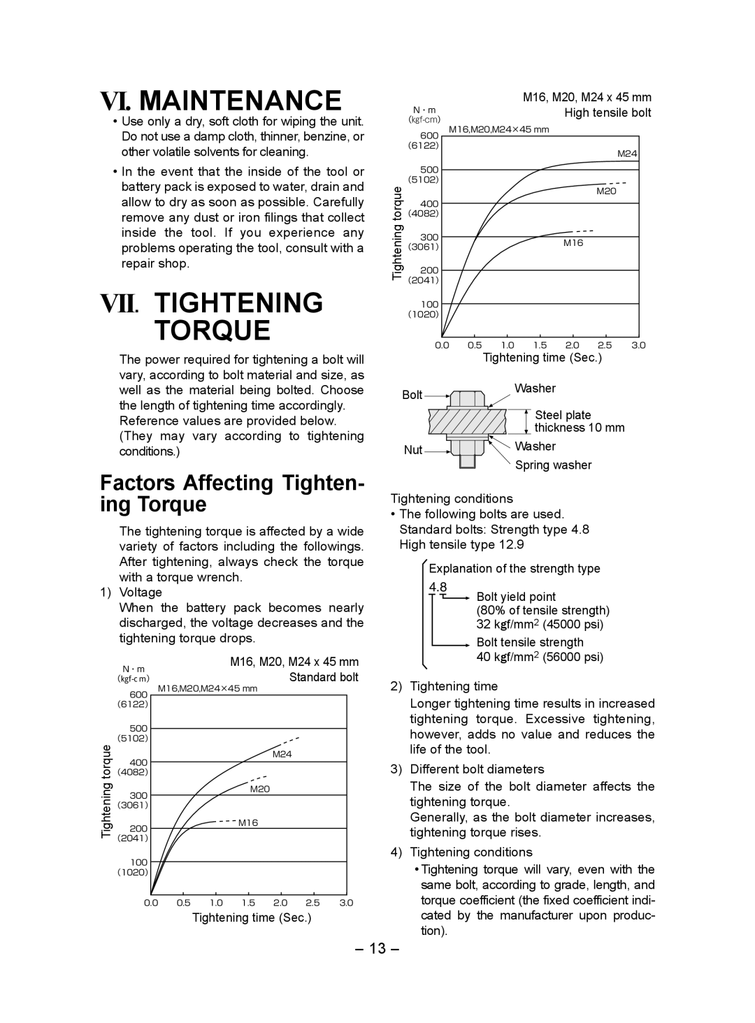 Panasonic EY7552 operating instructions VI. Maintenance, VII. Tightening Torque, Factors Affecting Tighten­ ing Torque 