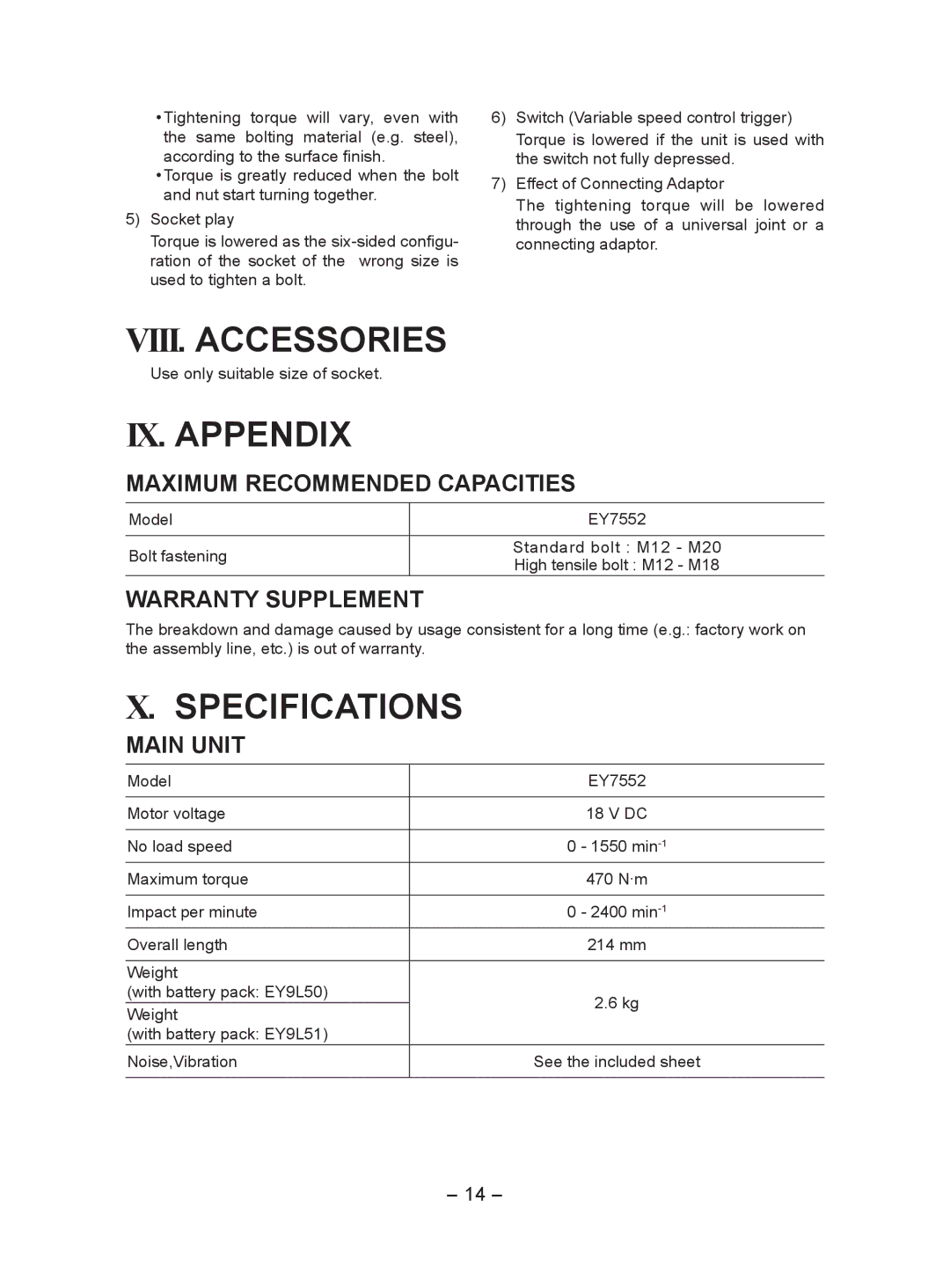 Panasonic EY7552 operating instructions VIII. Accessories, IX. Appendix, Specifications 