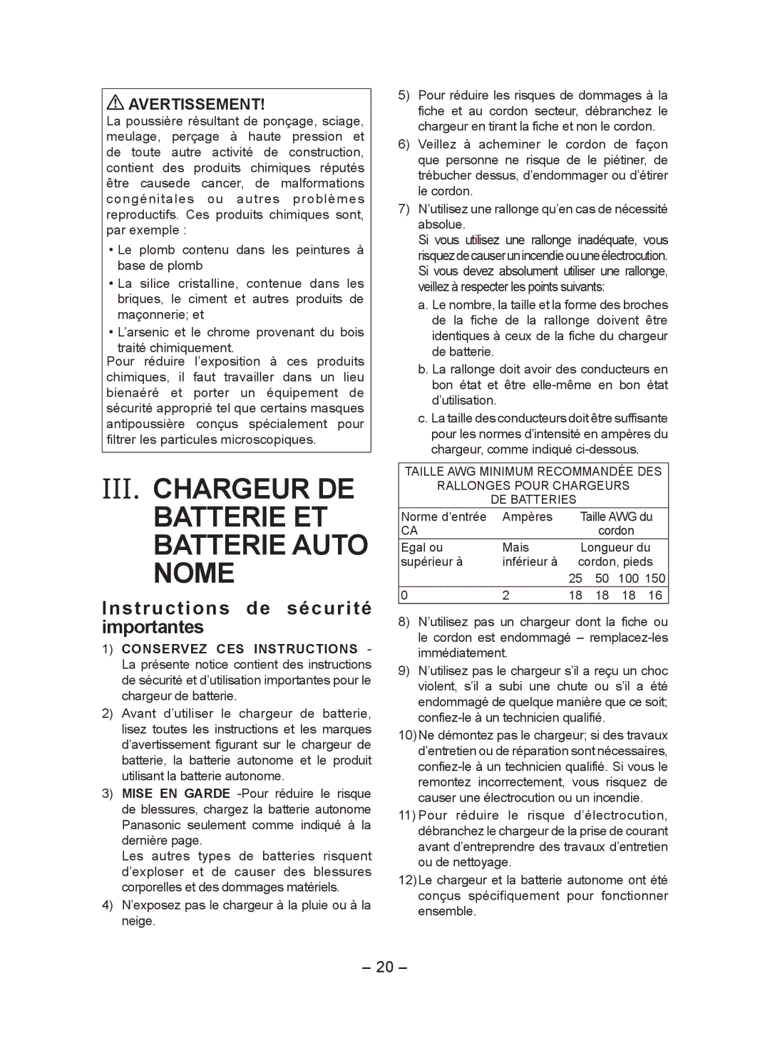 Panasonic EY7552 III. Chargeur DE Batterie ET Batterie Auto Nome, Instructions de sécurité importantes, Avertissement 