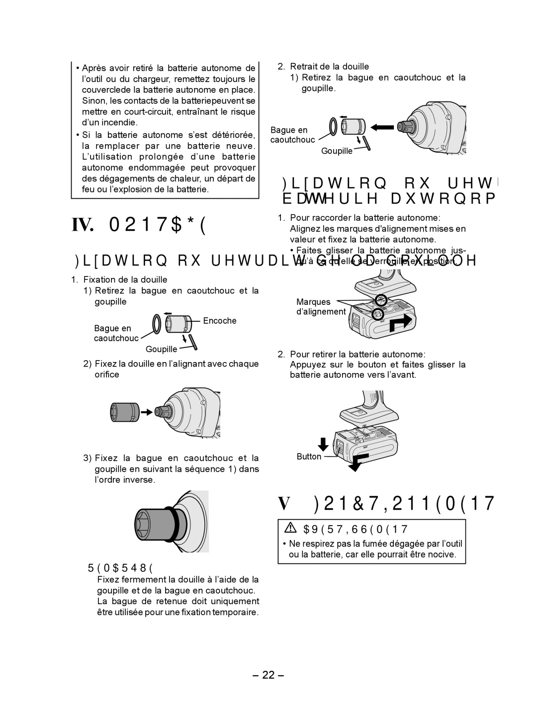 Panasonic EY7552 operating instructions IV. Montage, Fonctionnement, Fixation ou retrait de la batterie­ autonome, Remarque 