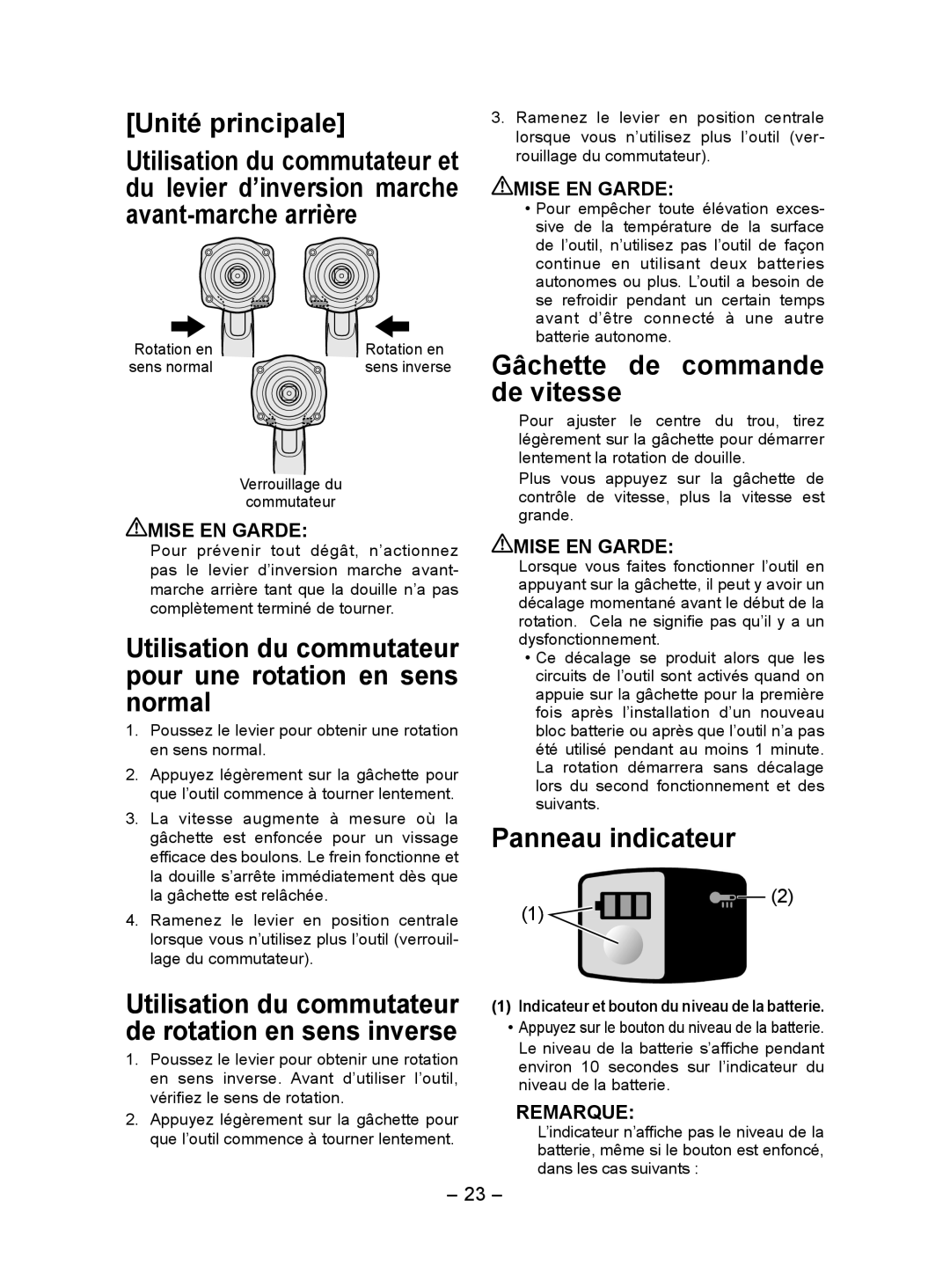 Panasonic EY7552 Unité principale, Utilisation du commutateur pour une rotation en sens normal, Panneau indicateur 