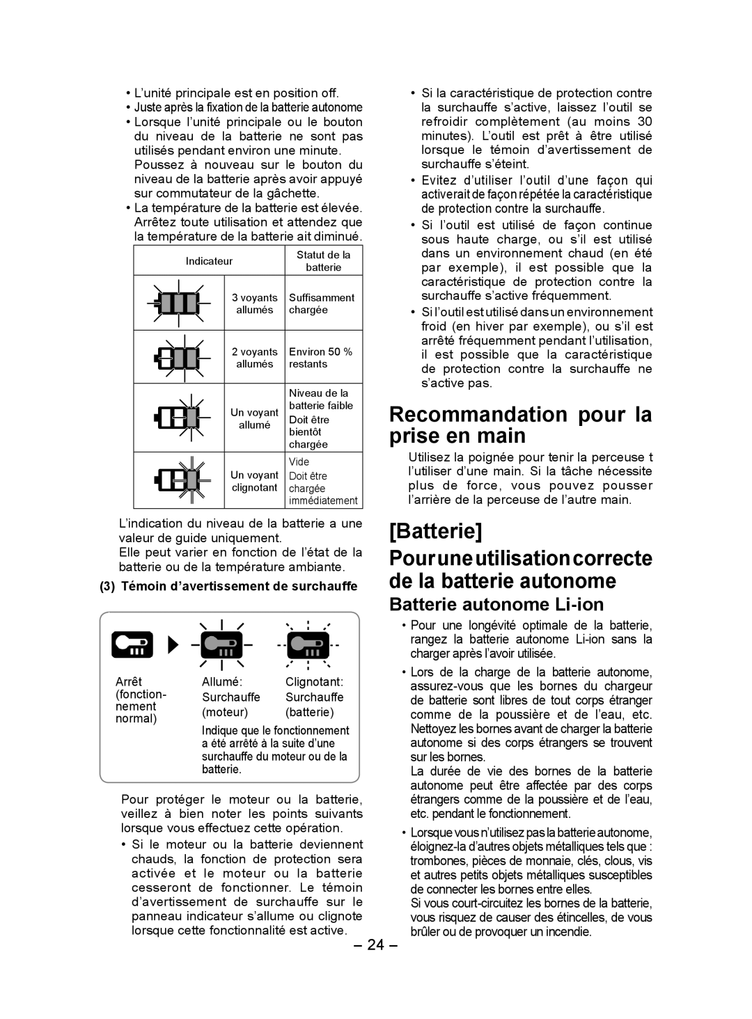 Panasonic EY7552 Recommandation pour la prise en main, Batterie autonome Li-ion, Témoin d’avertissement de surchauffe 