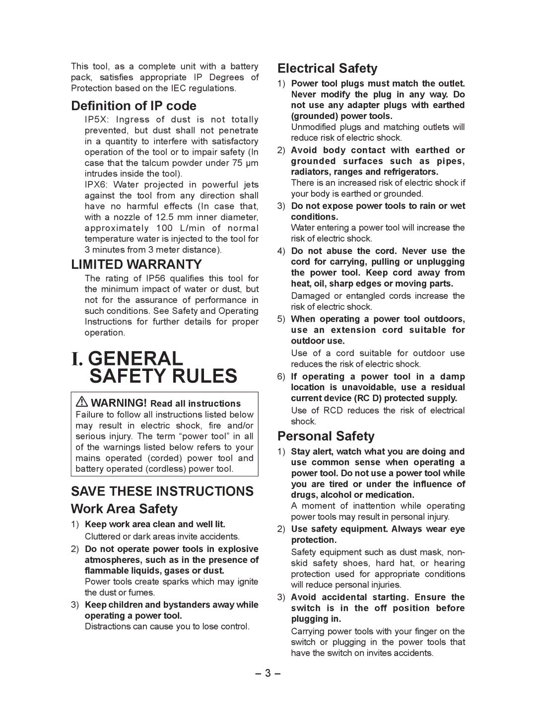 Panasonic EY7552 General Safety Rules, Definition of IP code, Limited Warranty, Electrical Safety, Personal Safety 