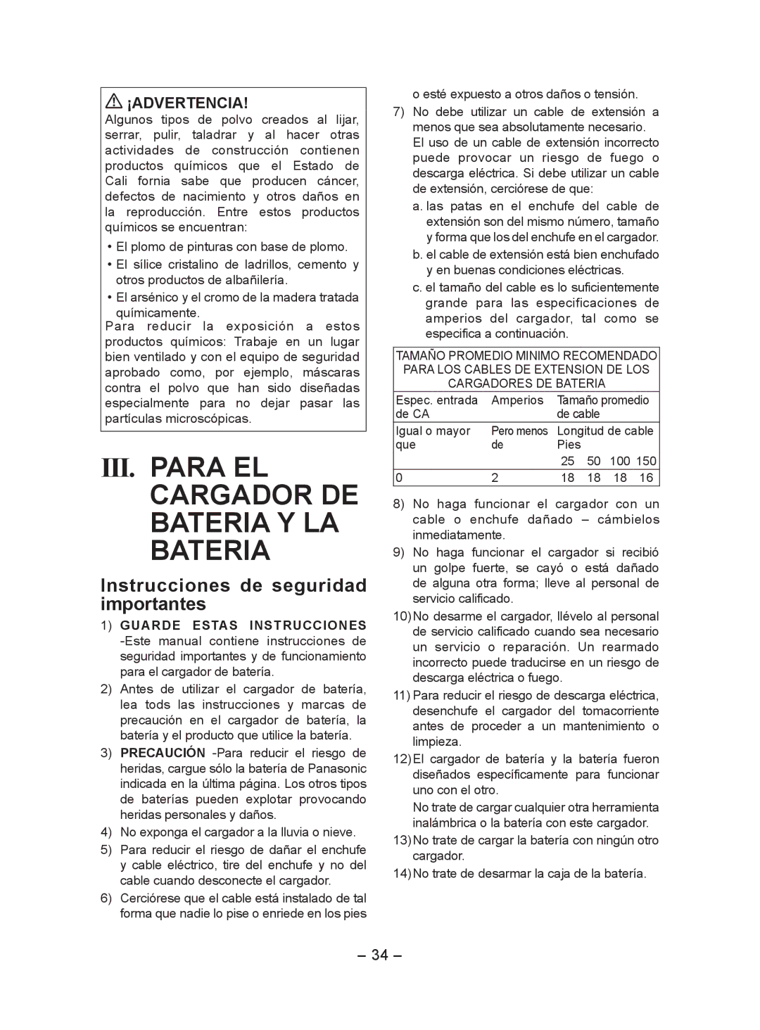 Panasonic EY7552 III. Para EL Cargador DE Bateria Y LA Bateria, Instrucciones de seguridad importantes, ¡Advertencia 