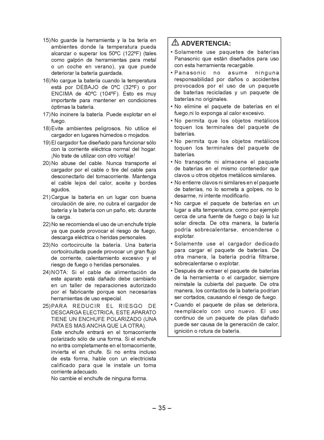 Panasonic EY7552 operating instructions Advertencia 