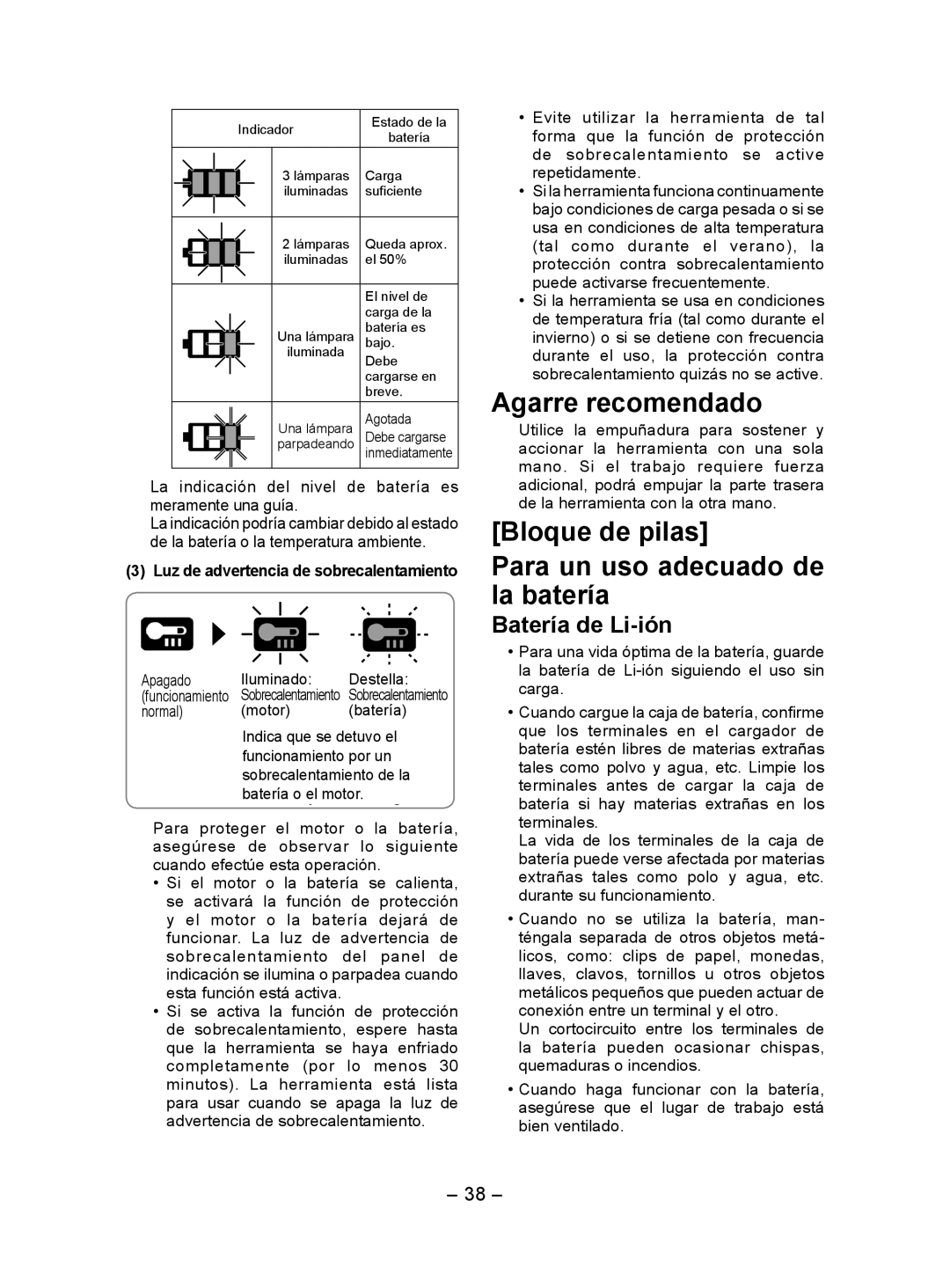 Panasonic EY7552 Agarre recomendado, Bloque de pilas Para un uso adecuado de la batería, Batería de Li-ión 