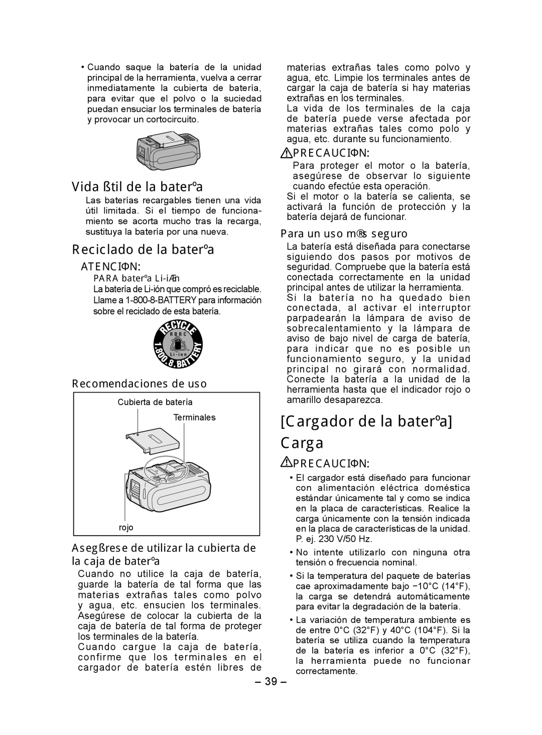 Panasonic EY7552 Cargador de la batería Carga, Vida útil de la batería, Reciclado de la batería, Atención 