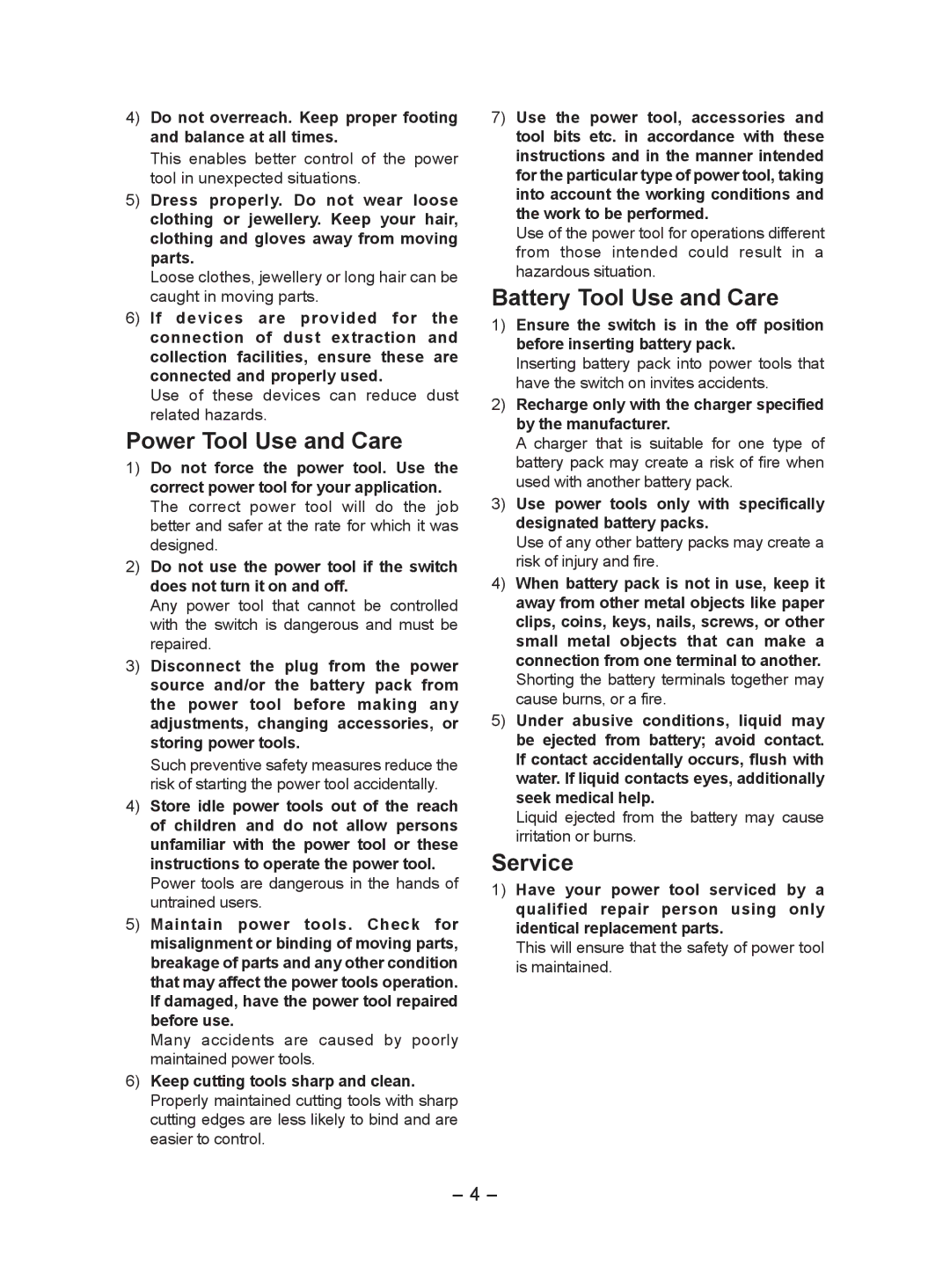 Panasonic EY7552 operating instructions Power Tool Use and Care, Battery Tool Use and Care, Service 