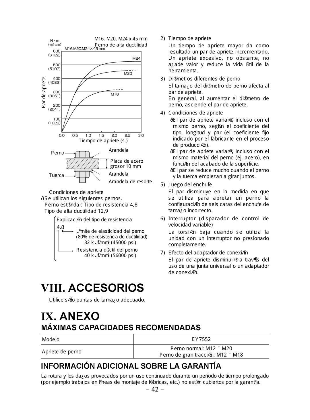 Panasonic EY7552 VIII. Accesorios, IX. Anexo, Máximas Capacidades Recomendadas, Información Adicional Sobre LA Garantía 