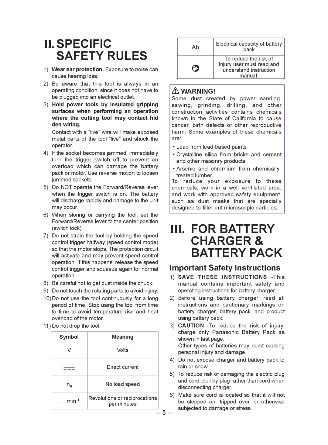 Panasonic EY7552 operating instructions II. Specific, Safety Rules, III. for Battery, Charger, Battery Pack 