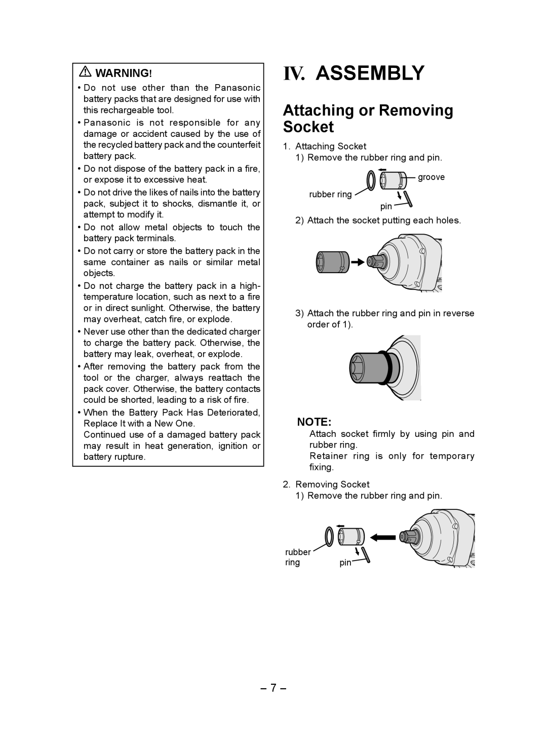 Panasonic EY7552 operating instructions IV. Assembly, Attaching or Removing Socket­ 